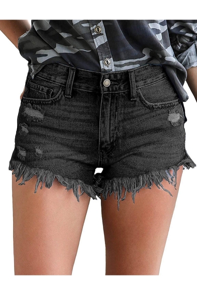 Hot Fashion Trendy Ripped Detail Fringed Hem Hot Pants Denim Shorts