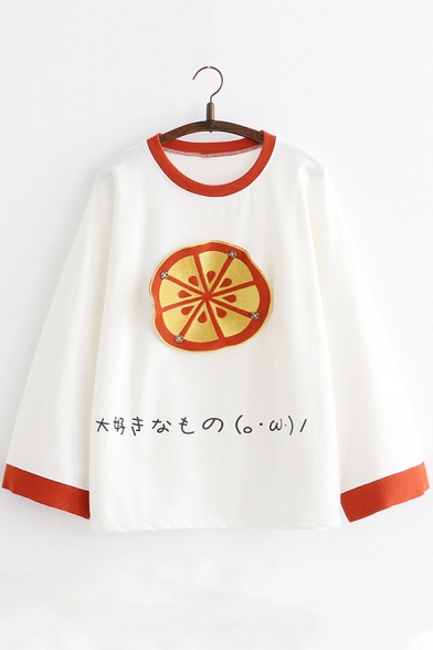 Lovely Japanese Character Fruit Applique Contrast Collar Long Sleeve Loose Fit T-Shirt