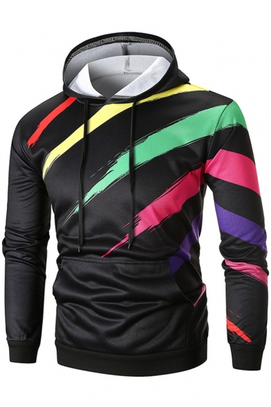 Men's Colorful Striped Print Long Sleeve Slim Fitted Light Drawstring Hoodie