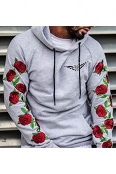 Men's Cool Logo Print Chest Floral Long Sleeve Loose Fitted Sports Hoodie