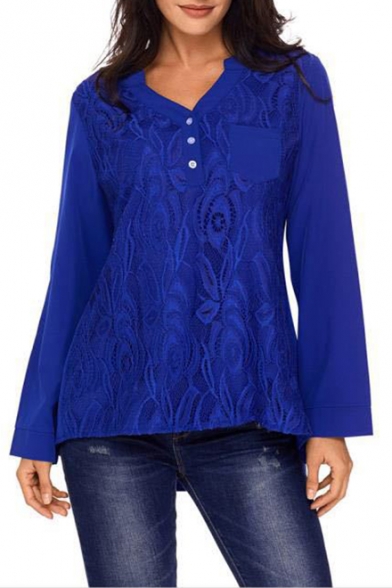 New Trendy V-Neck Button-Embellished Lace Panelled Long Sleeve Pearl Twist Back Blouse