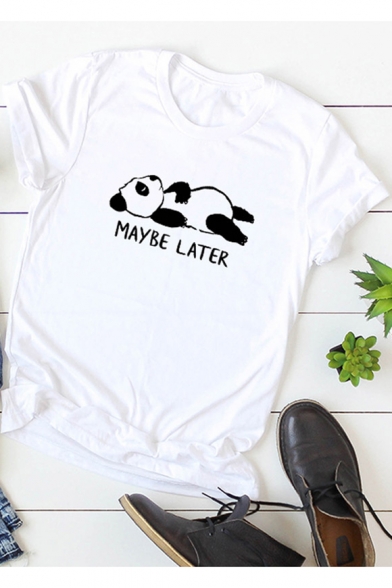 Popular Letter MAYBE LATER Cartoon Panda Print Loose Fit Round Neck Cotton Tee
