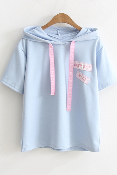 Simple Letter Applique Short Sleeve Drawstring Hooded T-Shirt