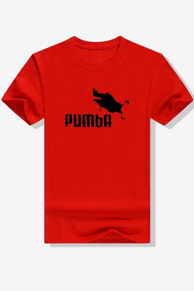 Simple Letter PUMBA Pig Printed Round Neck Sports Casual Graphic Tee for Guys