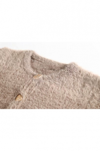 Single Breasted Long Sleeve Plain Fleece Warm Khaki Cardigan