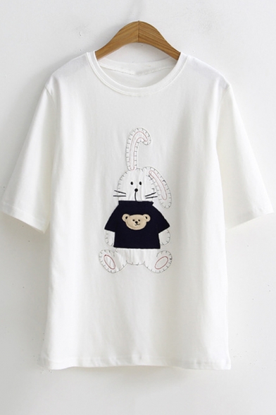 Summer Cute Cartoon Rabbit Patched Short Sleeve Loose Fitted T-Shirt