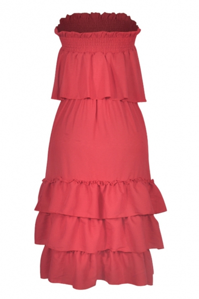 Sweet Bandeau Top Elastic Waist Ruffle Detail Layered A-Line Skirts Plain Co-ords