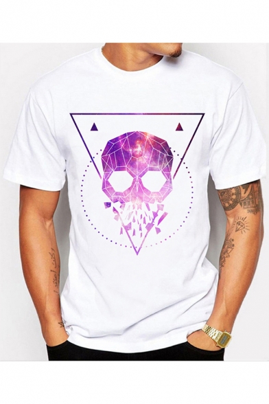 Unique Awesome Triangle Skull Print Men's Short Sleeve White T-Shirt