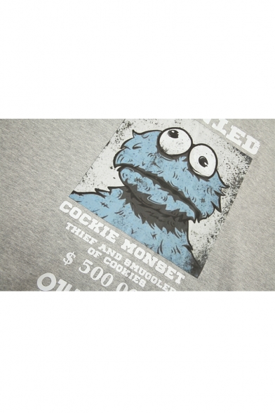 Unique Funny Letter WANTED Cartoon Frog Printed Round Neck Loose Fit Grey Pullover Sweatshirt