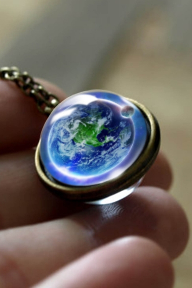 Unique Galaxy Planet Two-Faced Glass Marble Necklace for Gift