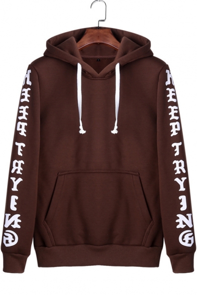 Unique Letter Printed Long Sleeve Regular Fitted Drawstring Hoodie for Guys
