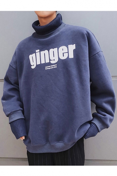 Winter's Warm Thick Patched High Neck Long Sleeve Letter GINGER Printed Oversized Cool Pullover Sweatshirt