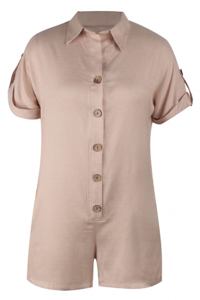 Hajotrawa Women Short Sleeve Pocket Casual Shirt Lapel Button Front Rompers