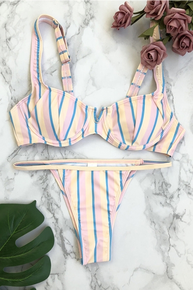 Women's Trendy Pink Striped Printed String Bottom Sexy Bikini Swimwear