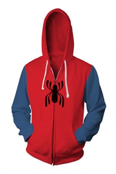 3D Colorblock Spider Printed Long Sleeve Zip Front Red Drawstring Hoodie