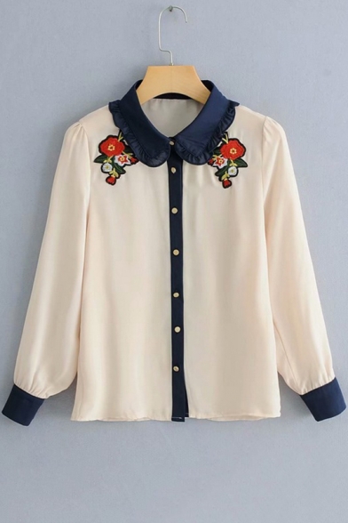 Apricot Long Sleeve Lapel Collar Floral Printed Button Down Shirt