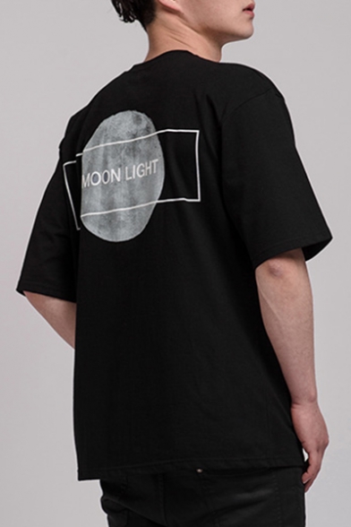 Basic Round Neck Half-Sleeved Letter MOON LIGHT Black Cotton Graphic T-Shirt for Men