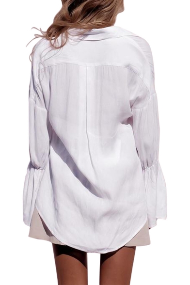 Basic Simple Plain Fashion Flared Cuff Long Sleeve Dipped Hem Button White Shirt