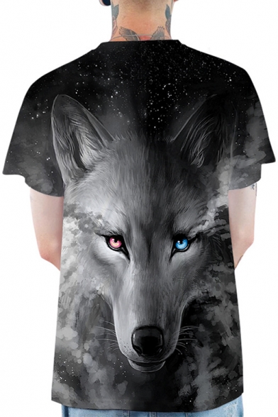 Black 3D Wolf Pattern Basic Short Sleeve Round Neck Relaxed T-Shirt