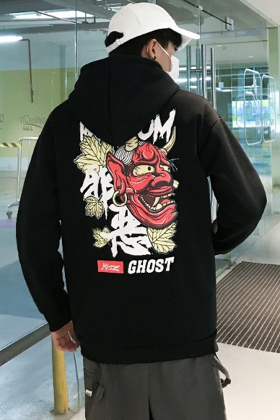 Boys Fashion Monster Back Letter WISDOM GHOST Printed Long Sleeve Oversized Warm Hoodie