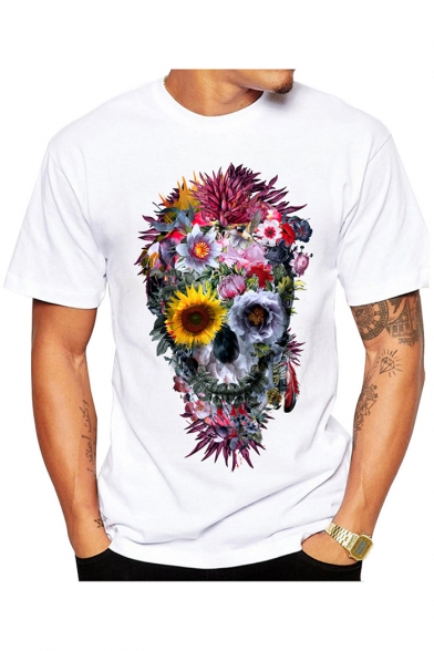 Cool Hip Hop Flower Skull Printed Short Sleeve Round Neck White Slim Tee