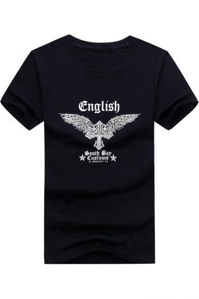 Cool Letter ENGLISH Wing Logo Printed Round Neck Casual T-Shirt for Men