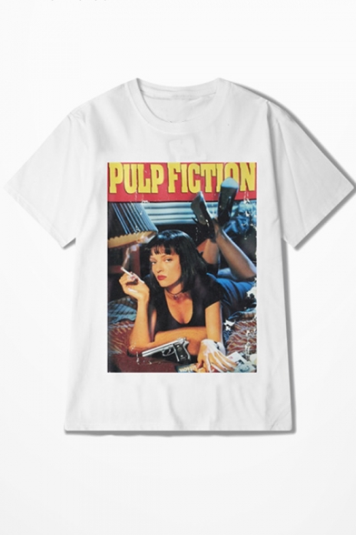 Cool Letter PULP FICTION Smoking Girl Print Round Neck Short Sleeve Cotton Loose Tee