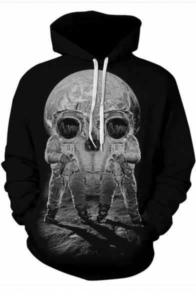 Fashion 3D Unique Skull Astronaut Printed Long Sleeve Casual Black Hoodie