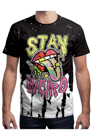 Funny 3D Letter STAY WEIRD Tongue Print Short Sleeve Black Graphic T-Shirt for Men
