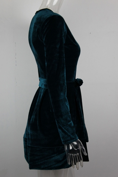 Girls Plain Round Neck Long Sleeve Tied Waist Mini Velvet A-Line Dress