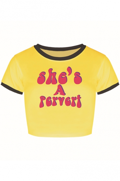 Girls Round Neck Short Sleeve Letter SHE'S A PERVERT Printed Yellow Crop Slim T-Shirt