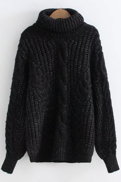 High Neck Long Sleeve Cable Loose Chunky Knit Warm Sweater