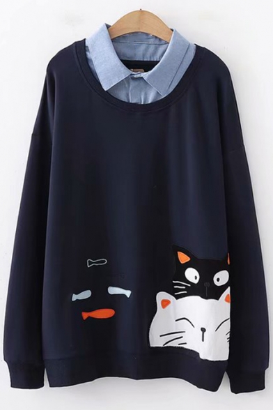 Lovely Cartoon Cat Fish Embroidery Long Sleeve Patched Lapel Collar Pullover Sweatshirt for Juniors