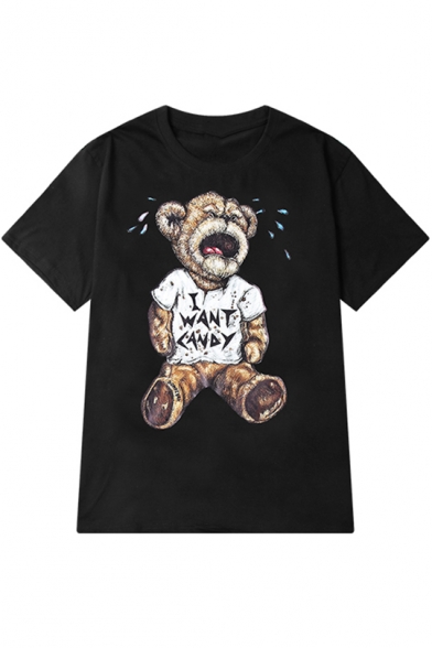 Lovely Cartoon Crying Teddy Bear Printed Round Neck Loose Casual Cotton T-Shirt