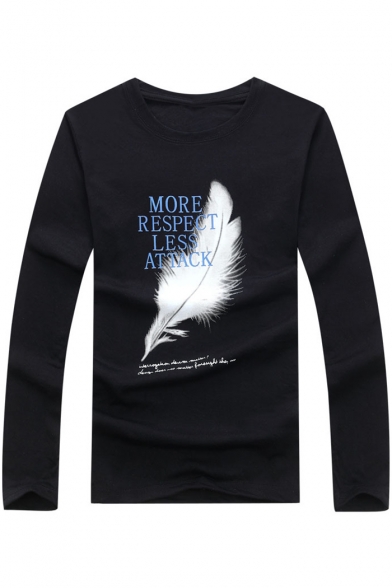 Men's Stylish Feather Letter MORE RESPECT LESS ATTACK Print Long Sleeve T-Shirt
