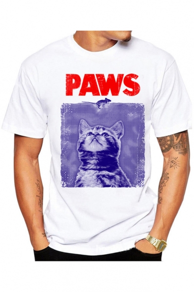 Men's Summer Funny Cartoon Cat Letter PAWS Print Round Neck White T-Shirt