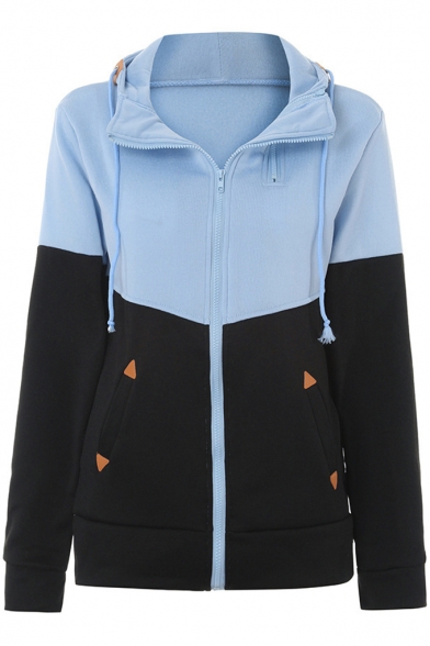 New Stylish Unique Zip-Embellished Long Sleeve Fashion Colorblock Full Zip Fitted Hoodie