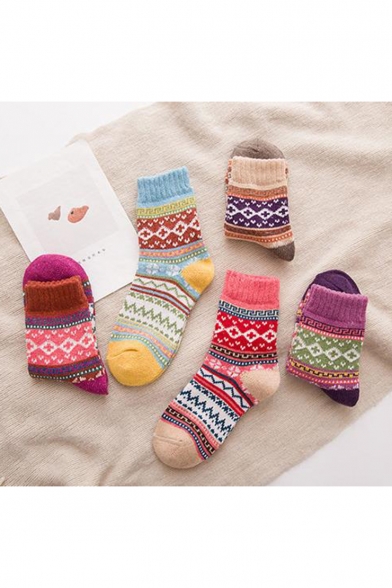 New Trendy Tribal Printed Thick Warm Woolen Socks Five-Pair
