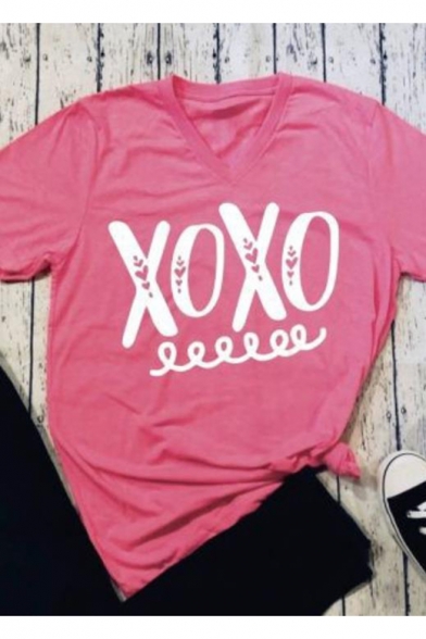 Popular Letter XOXO Print V-Neck Short Sleeve Pink Loose Fit T-Shirt