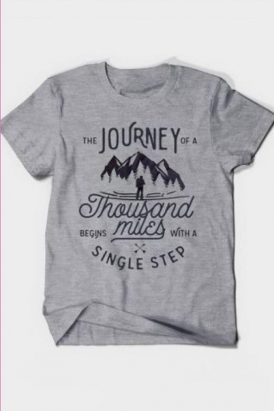 Stylish Letter THE JOURNEY OF A THOUSAND MILES Print Basic Grey Graphic T-Shirt