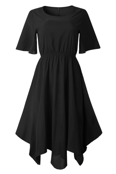 Summer Plain Round Neck Short Sleeve Elastic Waist Midi Asymmetrical Dress