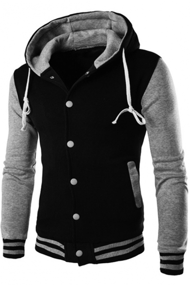 Teenage Fashion Colorblock Rib Trim Long Sleeve Button Down Varsity Jacket Cotton Hoodie