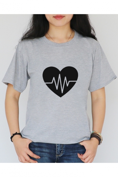 Trendy Heart Printed Short Sleeve Crewneck Loose Casual T-Shirt