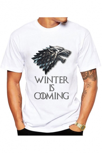 White Popular Letter WINTER IS COMING Wolf Head Print Basic Short Sleeve Tee