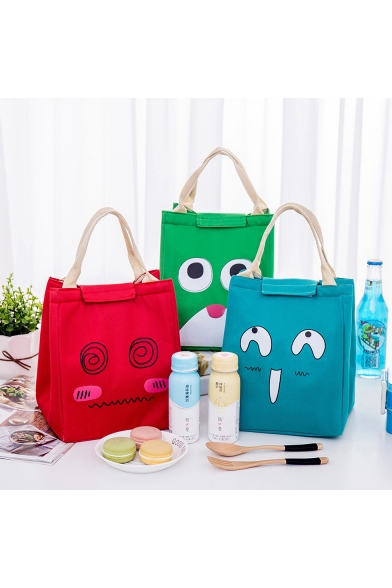 24*20*17cm Cute Cartoon Emoticon Printed Waterproof Canvas Convenient Velcro Lunch Box Hand Bag for Students
