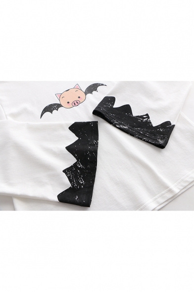 Batwing Long Sleeve Round Neck Cartoon Pig Printed Leisure Relaxed Tee