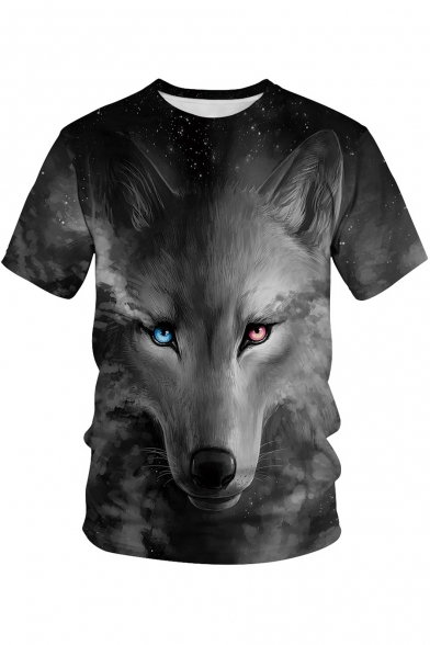 Black 3D Wolf Pattern Basic Short Sleeve Round Neck Relaxed T-Shirt