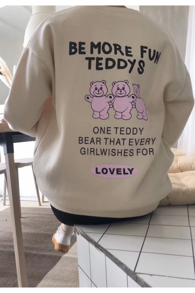 Cartoon Bear Letter BE MORE FUN TEDDYS Print Round Neck Long Sleeve Pullover Loose Sweatshirt