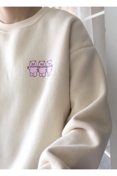Cartoon Bear Letter BE MORE FUN TEDDYS Print Round Neck Long Sleeve Pullover Loose Sweatshirt