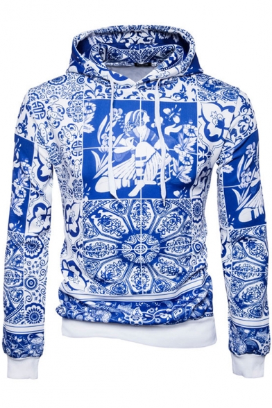 Chinese Style Blue Porcelain Pattern Long Sleeve Regular Fitted Hoodie for Men
